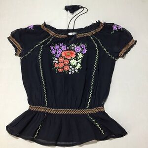 Patrons of Peace Black Sheer Blouse with Floral Embroidery